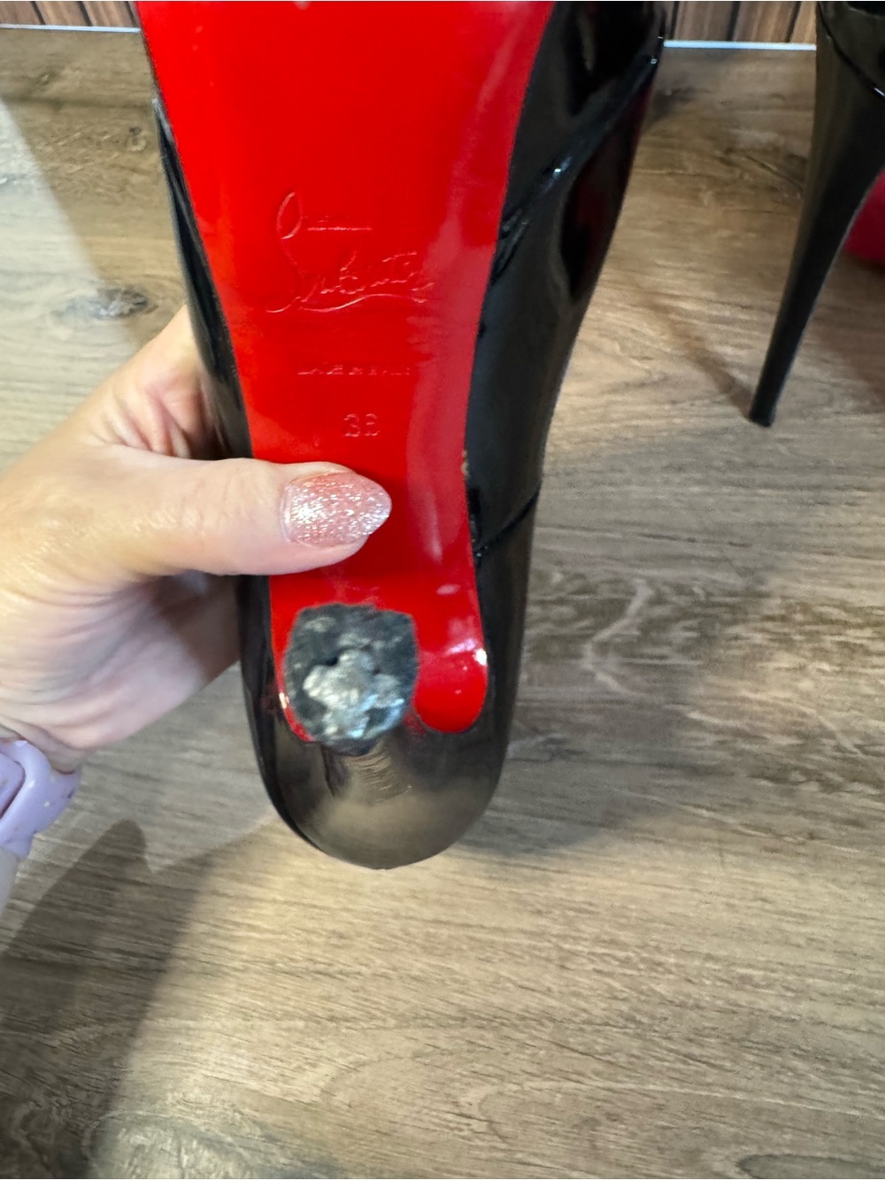Christian Louboutin Black Patent Peep-Toe Red Bottom Platform Pumps, Size 36 - Picture 11 of 16